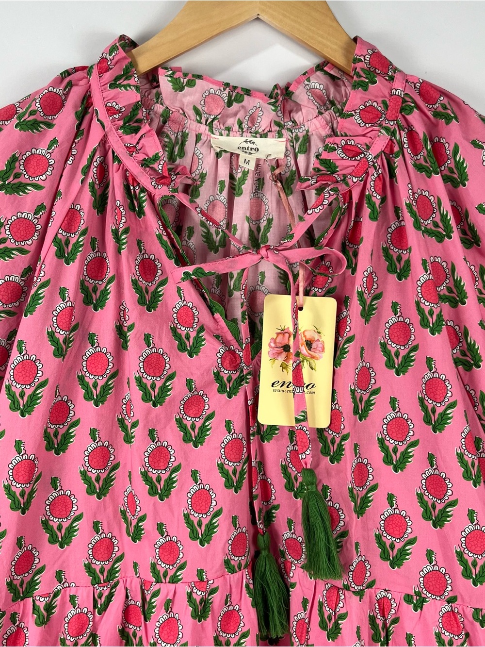 Entro 100% Cotton Tiered Mini Dress Pockets Tassel Tie Boho Cottagecore NWT - Picture 4 of 10